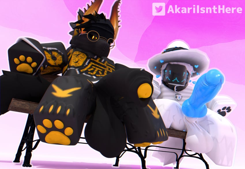 2boys 3d akariisnthere anthro balls big_balls big_penis black_body black_fur black_pawpads black_tail blue_penis blush canid canine canis clothing duo eyewear foreskin fur genitals glasses gold_markings gold_pawpads heart_symbol hi_res horn huge_balls huge_cock looking_at_genitalia looking_at_penis looking_at_viewer machine male male/male mammal markings multicolored_penis pawpads penis protogen roblox robloxian sweater tail topwear twitter_username two_tone_penis white_body white_fur white_tail wolf