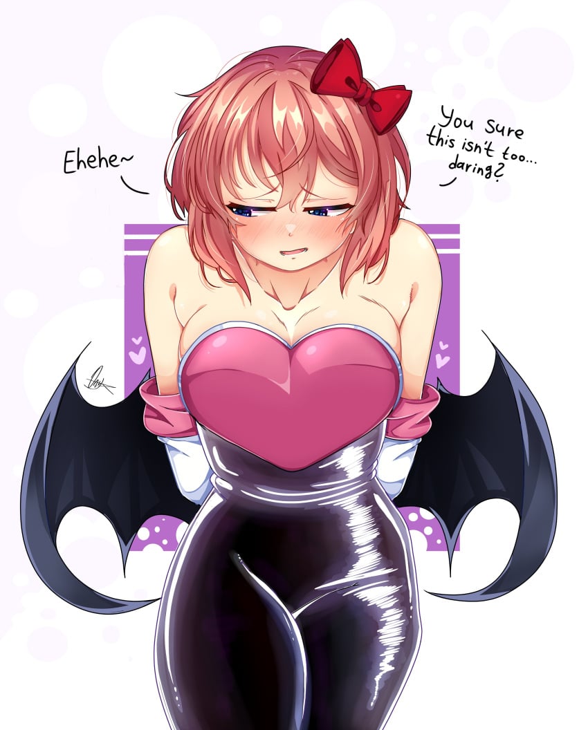 1female 1girls blue_eyes bow breasts collarbone cosplay crossover crossover_cosplay doki_doki_literature_club english_text female_focus front_view hair_bow hairbow onyxvoyd red_bow red_hair_bow red_hairbow rouge_the_bat_(cosplay) sayori_(doki_doki_literature_club) sega solo_focus sonic_(series) sonic_the_hedgehog_(series) strawberry_blonde_hair text