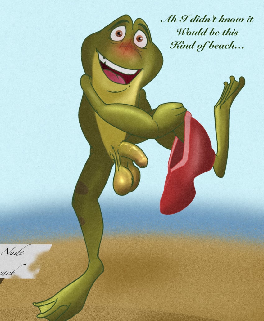 amphibian anthro balls beach blush clothing dialogue disney embarrassed foreskin frog genitals half-erect hi_res illegaleel male male_only nude_beach penis prince_naveen saggy_balls sign smile solo swimming_trunks swimwear talking_to_viewer the_princess_and_the_frog undressing