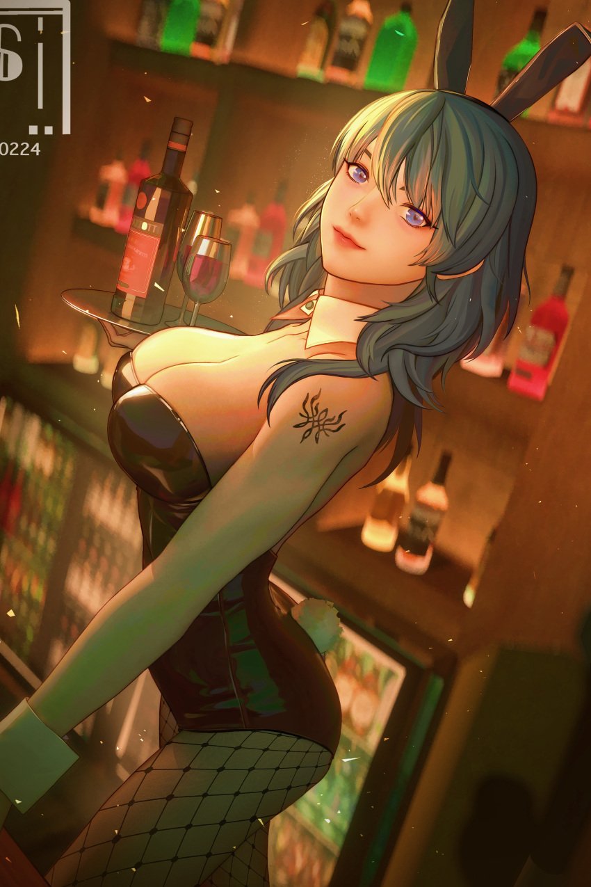 1girls alcohol alternate_costume arm_tattoo ass bar big_ass blue_eyes bunny_ears bunny_girl bunny_tail bunnysuit byleth_(fire_emblem) byleth_(fire_emblem)_(female) cleavage crest_(fe3h) female female_only fire_emblem fire_emblem:_three_houses fishnet_legwear fishnets hair_between_eyes indoors irisl large_breasts leotard looking_at_viewer medium_hair nintendo smile solo tattoo teal_hair waitress wine wine_bottle wine_glass