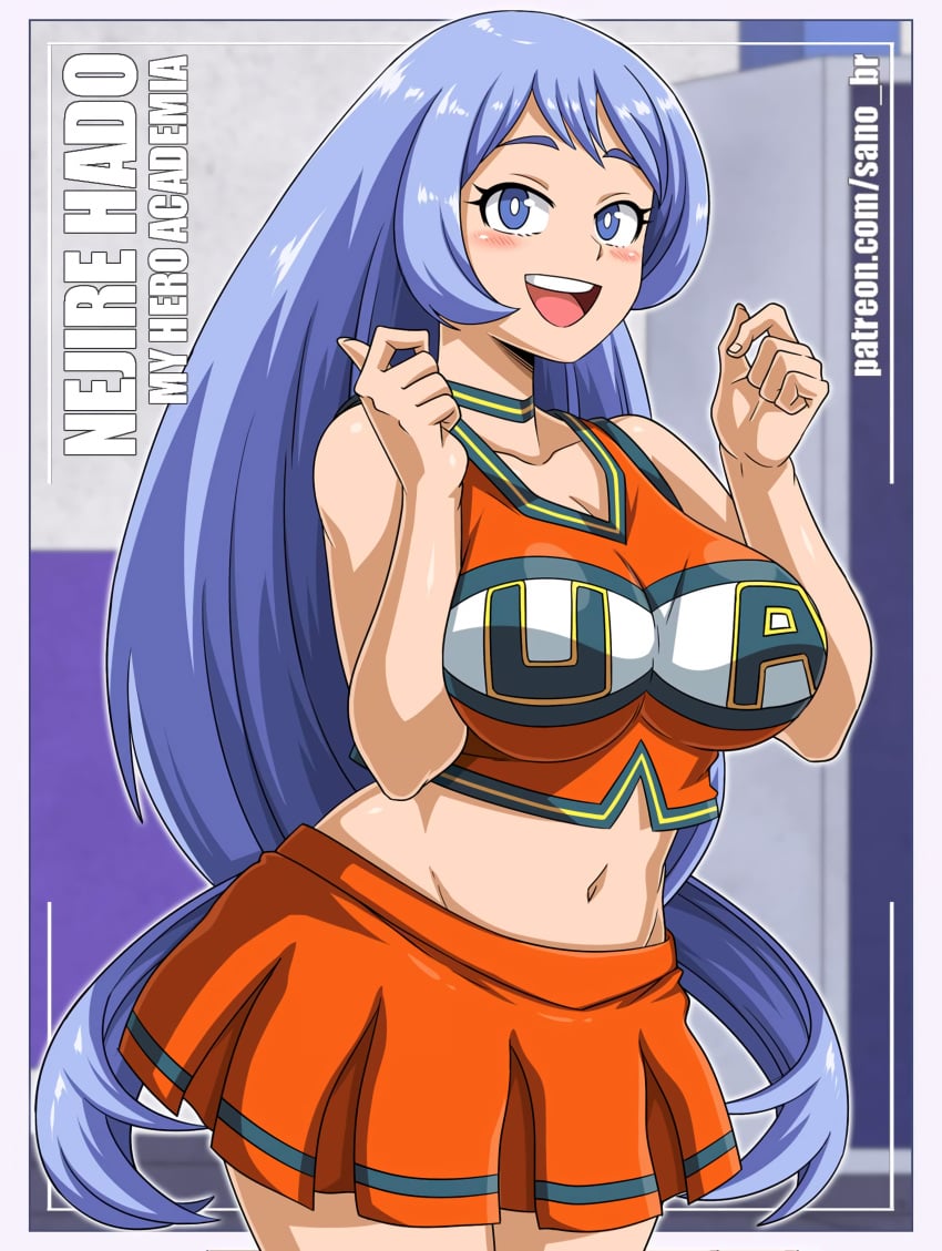 1girls :d bare_arms bare_shoulders belly big_breasts blue_eyes blue_hair blurry_background blush breast_squeeze breasts character_name cheerleader cheerleader_uniform choker clavicle cleavage eye_contact female female_only fully_clothed groin hands_up happy hi_res high_resolution highres hourglass_figure large_breasts light_blue_hair long_hair looking_at_viewer midriff miniskirt my_hero_academia navel neck nejire_hado open-mouth_smile open_mouth open_smile orange_shirt orange_skirt patreon_username pleated_skirt reflective_body round_teeth sano-br shiny shiny_hair shirt shounen_jump sidelocks skindentation skirt sleeveless sleeveless_shirt smile solo solo_female standing stomach tank_top teenager teeth thick_thighs thin_waist tongue u.a._cheerleader_outfit upper_teeth very_long_hair wide_hips