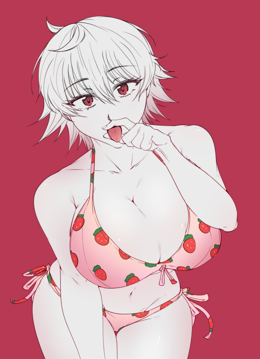 big_breasts bikini canon_genderswap cleavage fellatio_gesture female female_only genderswap_(mtf) ginko_sakata gintama gintoki_sakata leaning_forward looking_at_viewer open_mouth red_background red_eyes restricted_palette rule_63 side-tie_bikini solo strawberry_print tongue_out yoiyoi1