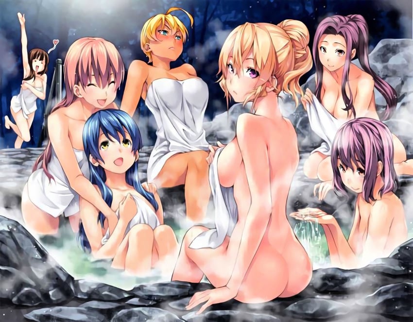 7girls arato_hisako ass bath bathing big_breasts blonde_hair blue_eyes blue_hair blush breasts green_eyes hot_spring huge_breasts inui_hinako looking_at_viewer looking_back mito_ikumi multiple_girls nakiri_erina purple_eyes purple_hair sakaki_ryouko shokugeki_no_souma sideboob smile smiling tadokoro_megumi thick thick_ass thick_thighs thighs towel tsundere yoshino_yuuki