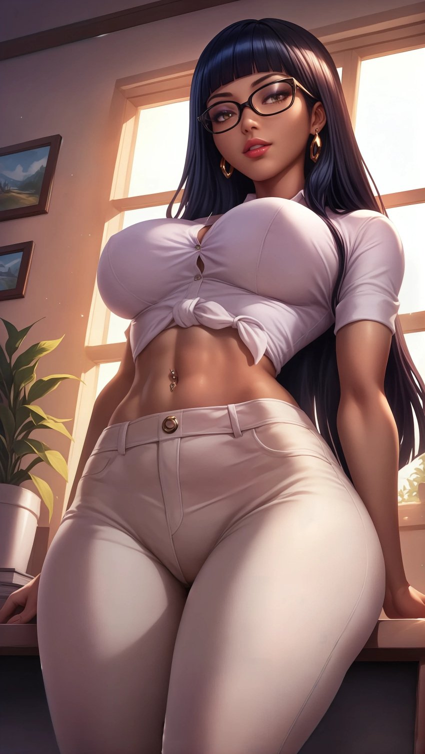 ai_generated belly_button big_breasts breasts chel chel_(the_road_to_el_dorado) dark_skin day daylight daytime desk firm_breasts from_below glasses hourglass_figure jeans large_breasts lips lipstick looking_at_viewer midriff navel_piercing nsfw office office_lady pants round_breasts seducing seduction seductive seductive_body seductive_eyes seductive_gaze seductive_look seductive_mouth seductive_pose seductive_smile shiny shiny_clothes shiny_hair shiny_skin sky4maleja the_road_to_el_dorado thick_thighs tight_clothes tight_clothing tight_pants toned toned_stomach waist window