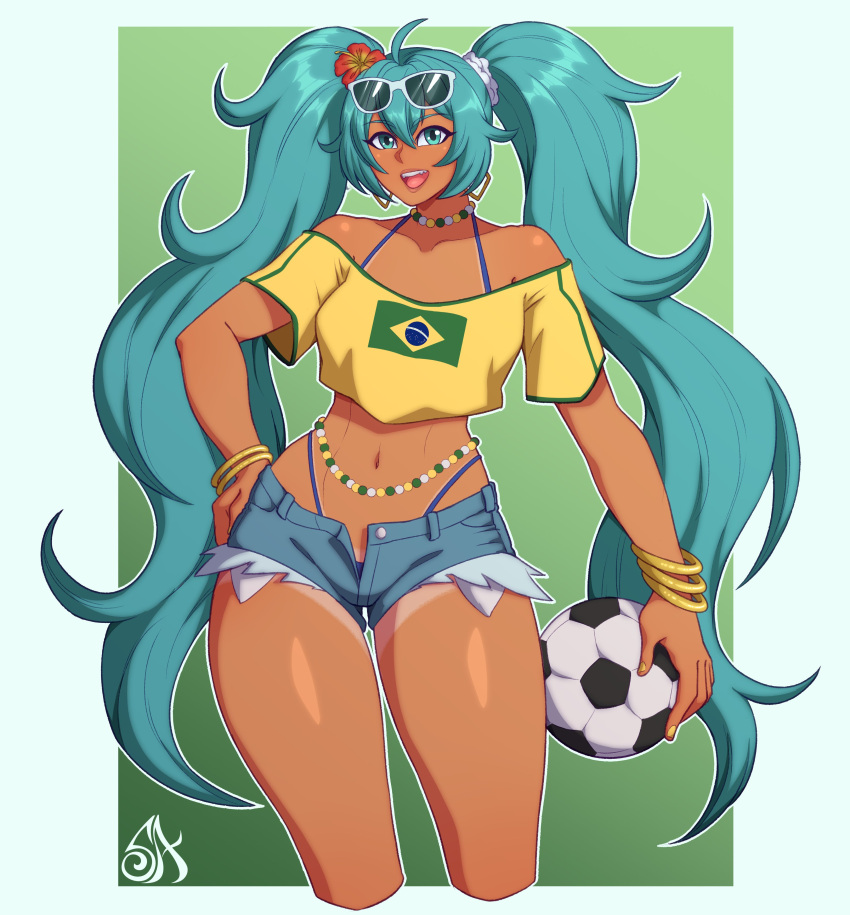 1girls bare_shoulders bikini_under_clothes blue_hair bracelets brazil brazilian brazilian_female brazilian_flag brazilian_miku female female_only flower_in_hair green_eyes hand_on_hip hatsune_miku jean_shorts latin_american_hatsune_miku_(meme) light_blue_hair light_green_eyes long_hair looking_at_viewer minishorts open_mouth pearl_necklace smiling smiling_at_viewer soccer_ball solo souladdicted sunglasses_on_head t-shirt tan_body tan_skin thick_thighs twintails very_high_resolution very_long_hair vocaloid