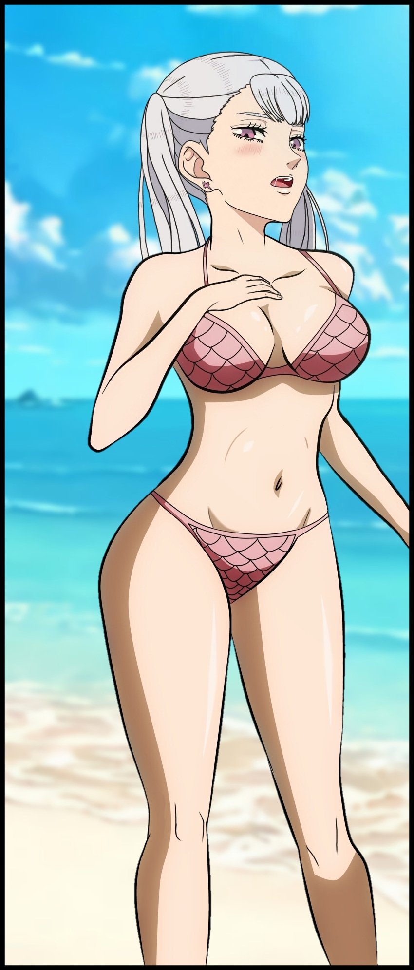 1girls beach belly bikini black_clover breasts female female_only lake legs navel nipples noelle_silva purple_eyes sand sea silve silver_hair solo swimsuit