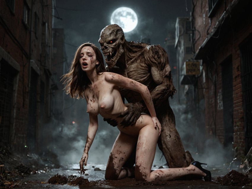 1boy 1girls ai_generated black_heels black_high_heels female_human female_human/male_feral female_human/male_monster feral_on_female feral_on_human full_moon interspecies interspecies_sex lizardman male/female male_feral male_feral/female_human male_monster monster monster_on_female monster_on_human monster_penetrating noone3d on_knees petite slim