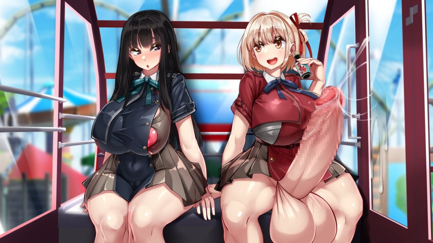 1futa 1girls balls bangs black_hair blonde_hair bottomless breasts censored clothed clothing duo erection female ferris_wheel fully_clothed futa_on_female futa_with_female futanari huge_balls huge_cock human hyper_balls hyper_breasts hyper_penis inoue_takina kawahagitei light-skinned_futanari light_skin long_hair lycoris_recoil mosaic_censoring mostly_clothed nishikigi_chisato penis short_hair sitting