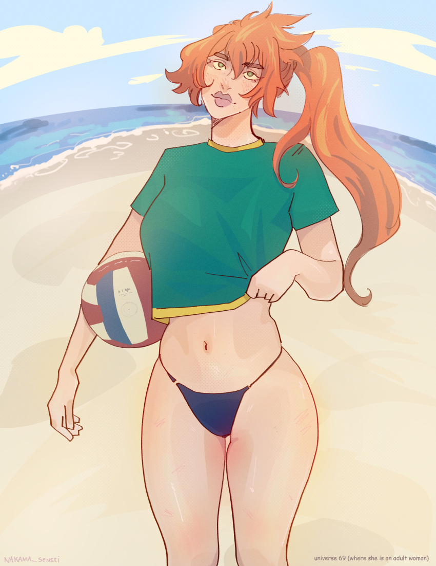 1girls beach big_breasts female female_only green_eyes itsuka_kendou kendou_itsuka my_hero_academia orange_hair panties side_ponytail solo