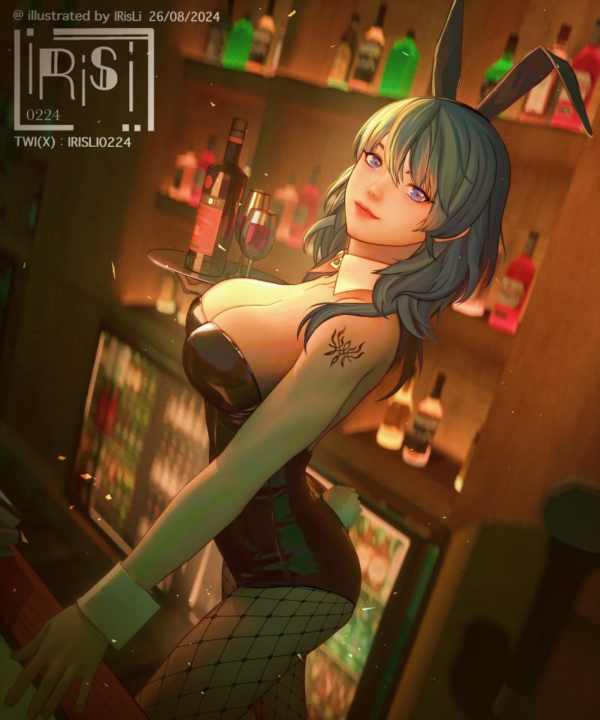 1girls alcohol alternate_costume arm_tattoo ass bar big_ass blue_eyes bunny_ears bunny_girl bunny_tail bunnysuit byleth_(fire_emblem) byleth_(fire_emblem)_(female) cleavage crest_(fe3h) female female_only fire_emblem fire_emblem:_three_houses fishnet_legwear fishnets hair_between_eyes indoors irisl large_breasts leotard looking_at_viewer medium_hair nintendo smile solo tattoo teal_hair waitress wine wine_bottle wine_glass