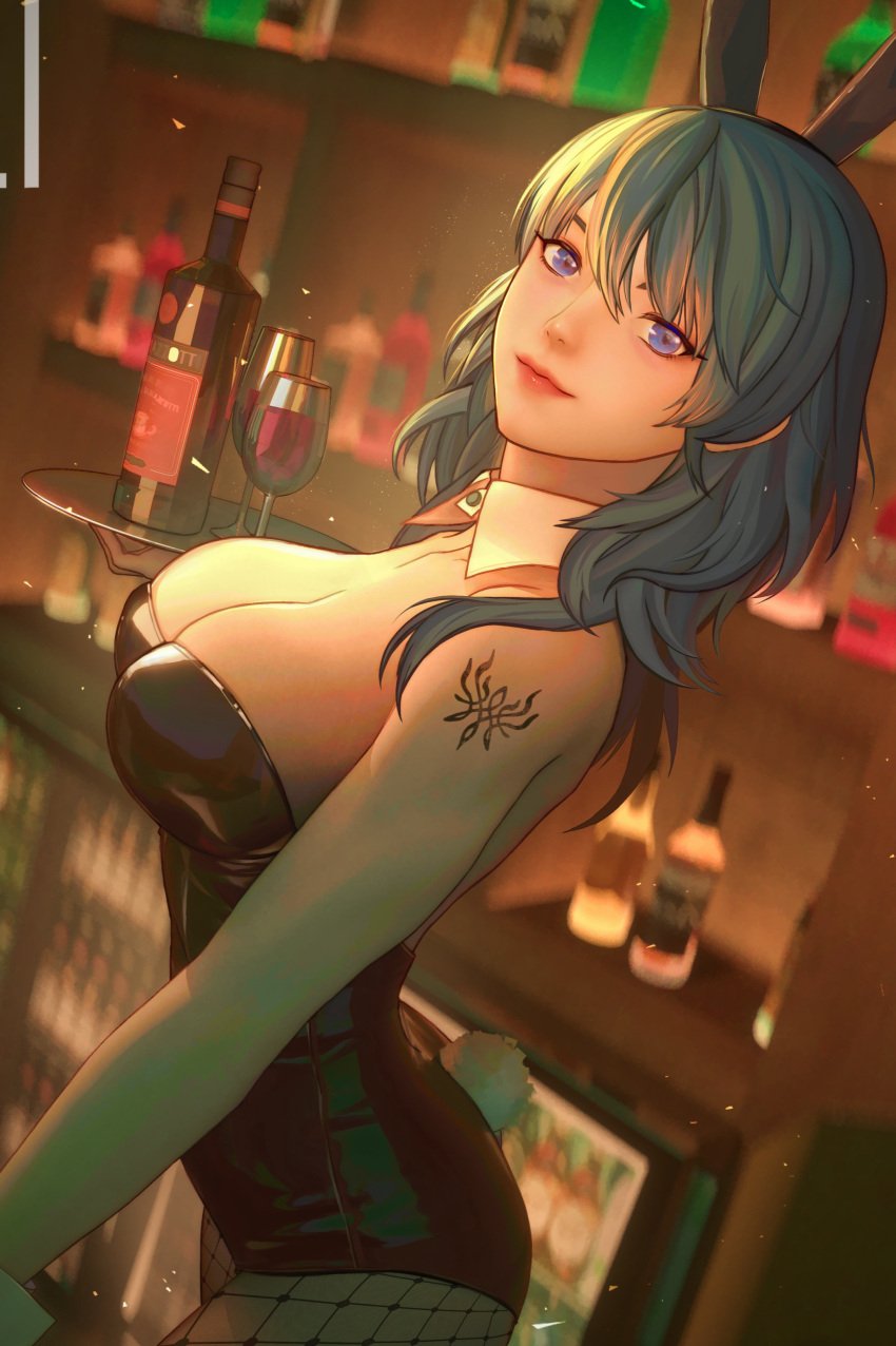 1girls alcohol alternate_costume arm_tattoo ass bar big_ass blue_eyes bunny_ears bunny_girl bunny_tail bunnysuit byleth_(fire_emblem) byleth_(fire_emblem)_(female) cleavage crest_(fe3h) female female_only fire_emblem fire_emblem:_three_houses fishnet_legwear fishnets hair_between_eyes indoors irisl large_breasts leotard looking_at_viewer medium_hair nintendo smile solo tattoo teal_hair waitress wine wine_bottle wine_glass