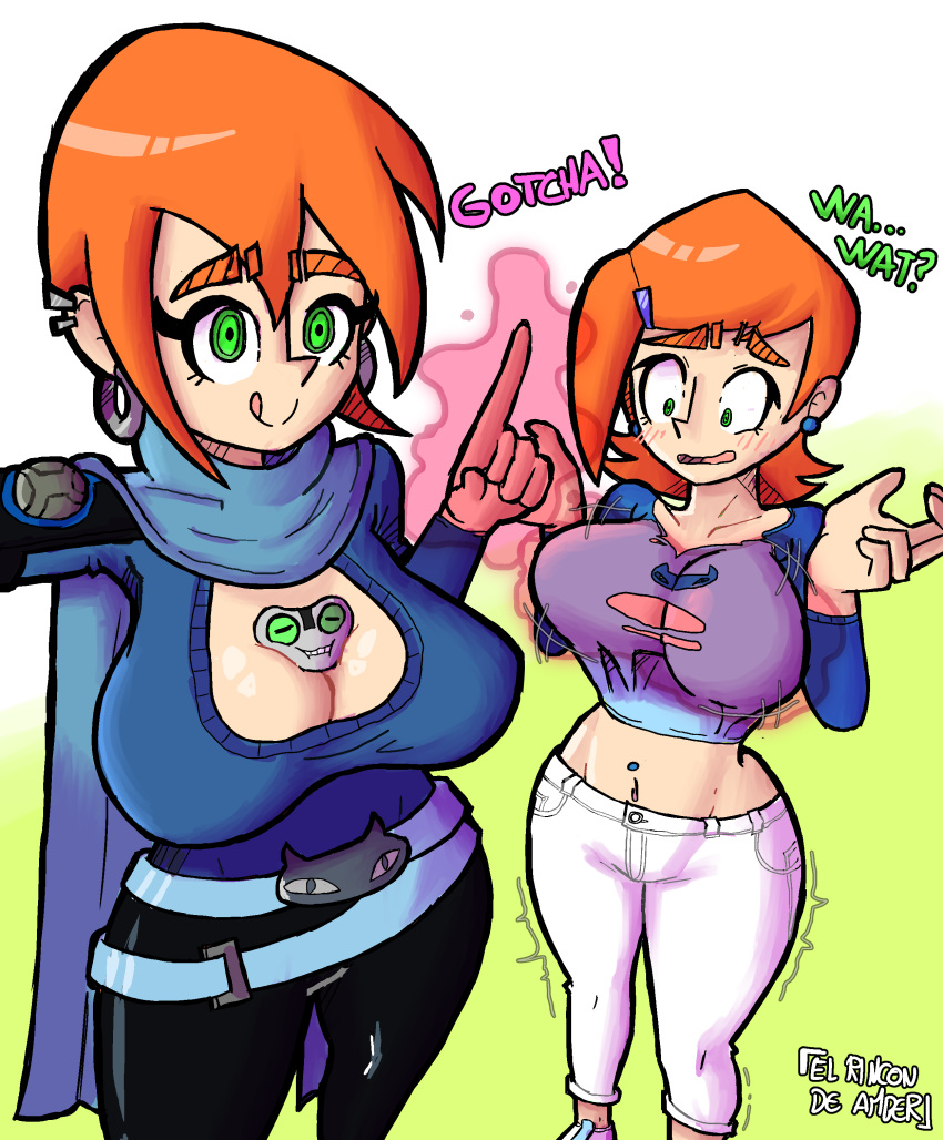 2girls ben_10 ben_tennyson between_breasts big_breasts breast_expansion breasts cleavage el_rincon_de_amber english_text female future_gwen green_eyes grey_matter gwen_tennyson huge_breasts male multiple_girls orange_hair red_hair text