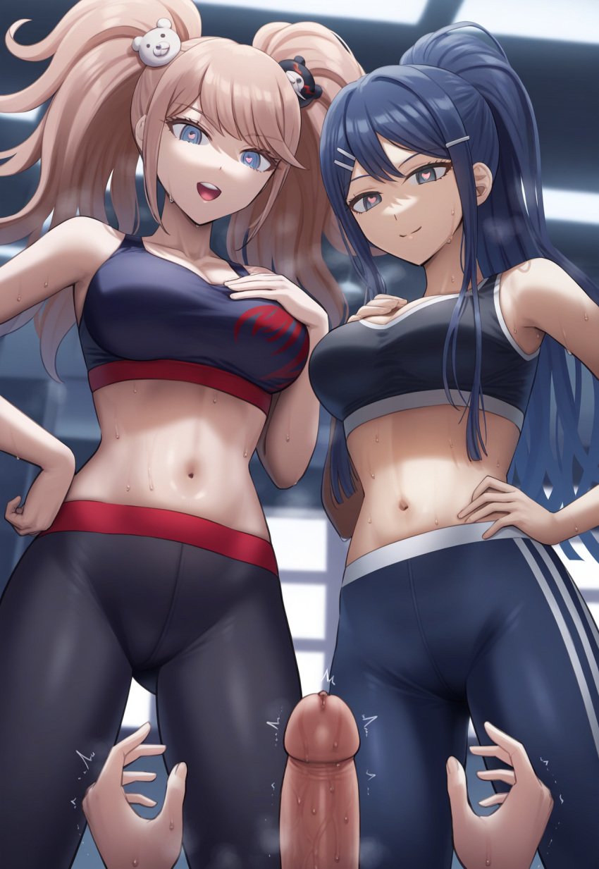 2girls ai_generated bare_shoulders big_breasts black_sports_bra black_yoga_pants danganronpa danganronpa:_trigger_happy_havoc danganronpa_1 hand_on_hip hand_on_own_chest heart_eyes high_ponytail highres junko_enoshima looking_at_viewer looking_down lustful_gaze maizono_sayaka midriff naegi_makoto penis pov pov_hands seductive_smile smile smirk sports_bra sweat trembling yoga_pants