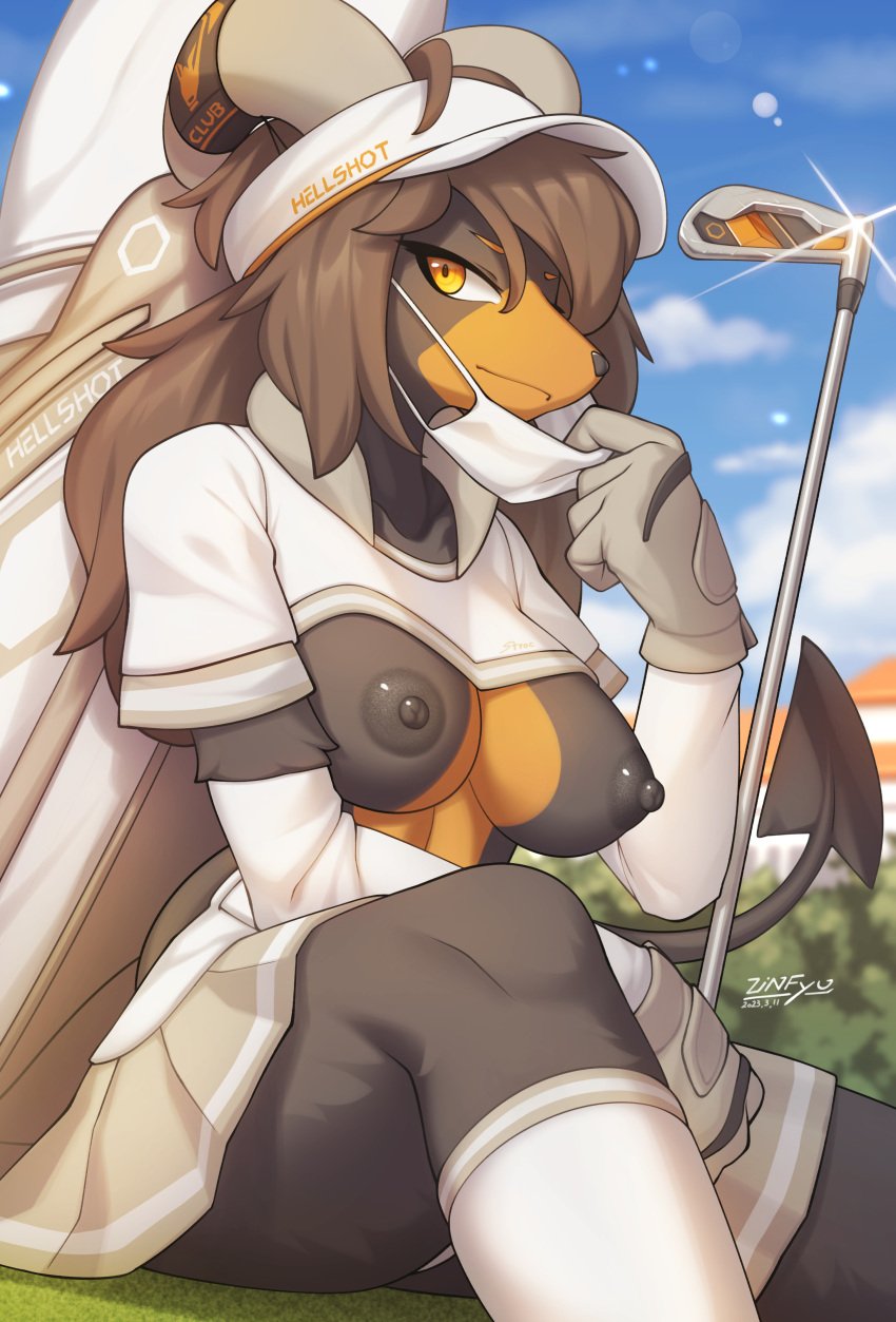 absurd_res absurdres areolae black_sclera exposed_breasts golf_cap golf_club golf_outfit houndoom large_breasts personification pokemon zinfyu