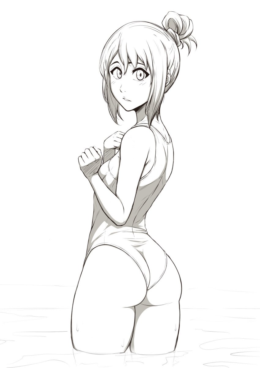 1girls ass ass_focus black_and_white bleach female female_only hinamori_momo mistowing monochrome petite solo swimsuit