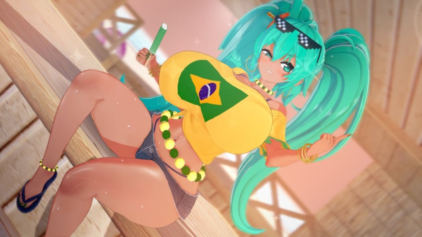 1girls 3d 3d_(artwork) ass big_ass big_breasts big_thighs brazil brazilian brazilian_female brazilian_miku breasts cyan_eyes cyan_hair female female_only gigantic_breasts hatsune_miku huge_ass huge_breasts huge_thighs joyhound latin_american_hatsune_miku_(meme) long_hair looking_at_viewer nail_polish sandals shirt shorts solo sweat tagme tan tan_body tan_skin thick_hips thick_thighs thighs thong twintails vocaloid yellow_shirt