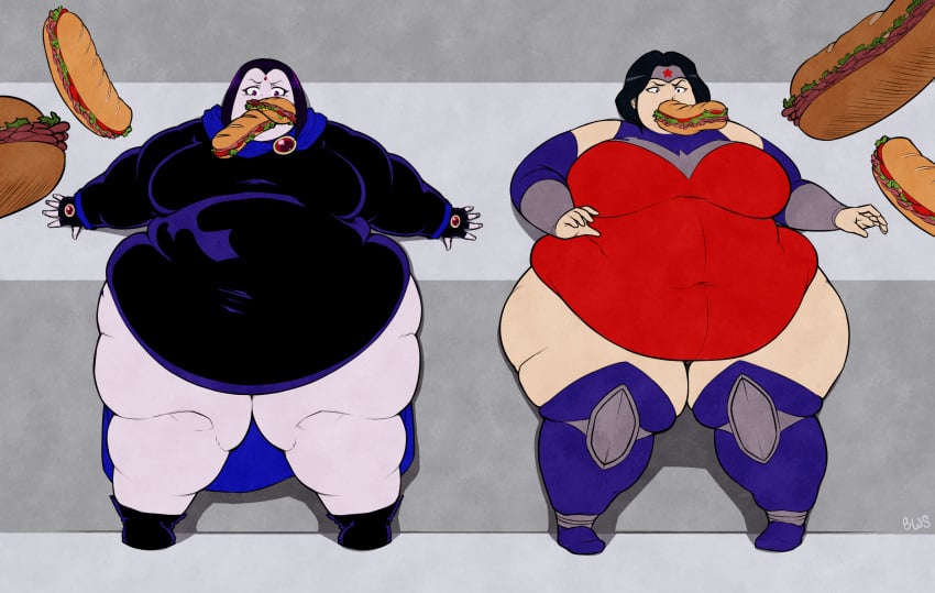 2girls better_with_salt big_belly dc dc_comics fat fat_woman feeding female_focus female_only obese obese_female overweight raven_(dc) sandwich teen_titans weight_gain wonder_woman