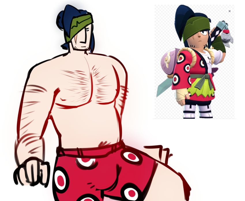 1boy bara black_hair body_hair brawl_stars facial_hair fundoshi green_eyes kenji_(brawl_stars) male male_focus male_only male_underwear no_visible_genitalia small_head supercell toony underwear