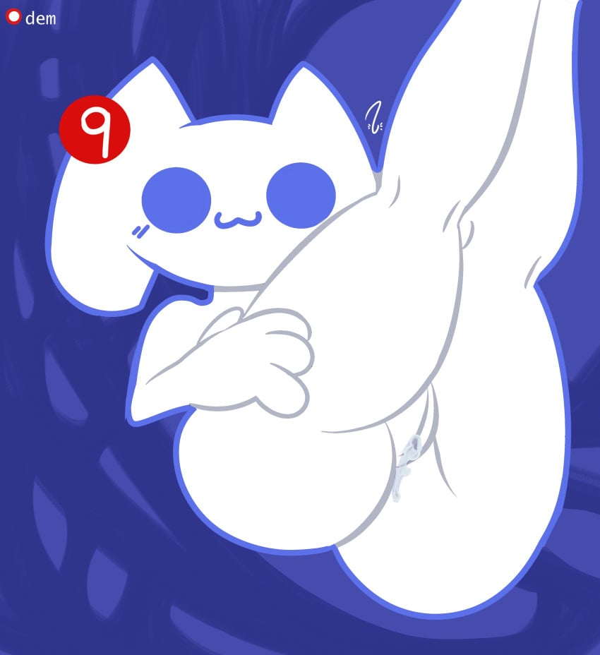 absurd_res anthro ass bodily_fluids clyde_(discord) demon3sigma discord discord_(app) felid feline female fur genital_fluids genitals hi_res looking_at_viewer mammal owo pussy simple_background solo thick_thighs white_body white_fur