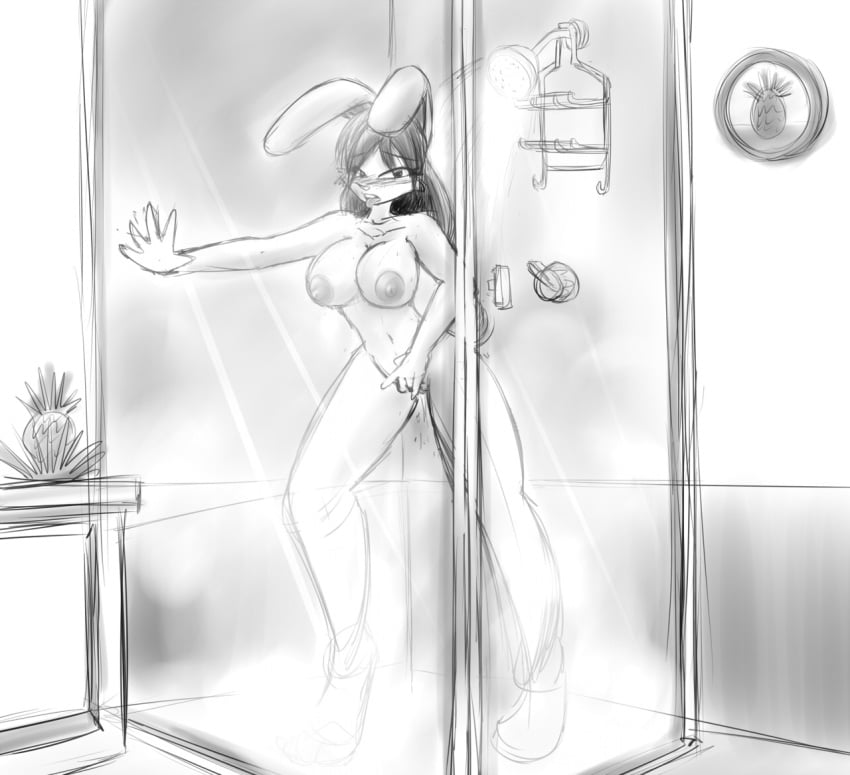 2013 anthro bathroom big_breasts big_nipples blush bracing breasts female finger_fuck fingering food fruit hair lagomorph leaning_on_wall leporid long_ears long_hair looking_pleasured mammal masturbation monochrome navel nipples open_mouth pineapple plant rabbit shower shower_head sketch solo steam tgwonder tongue tongue_out vaginal_penetration