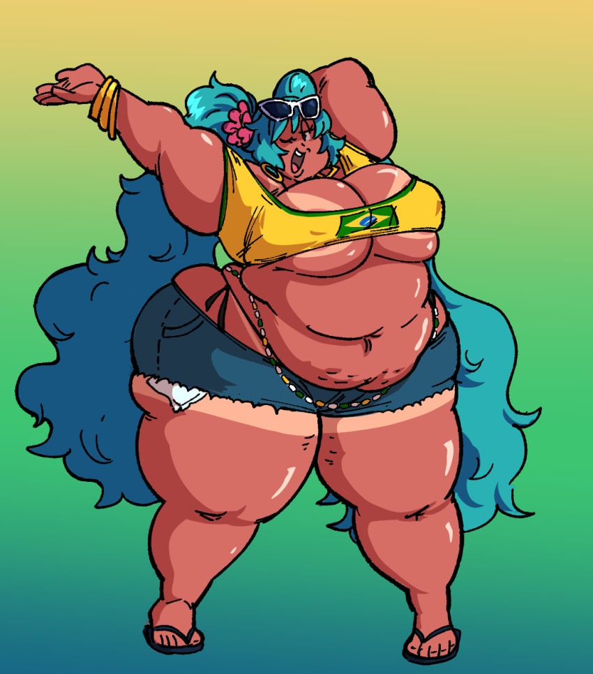 1girls areolae_peeking bbw beads belly big_breasts blue_hair bottom_heavy brazil brazilian brazilian_female brazilian_miku chubby chubby_female daisy_dukes dumptruck_ass fat fat_arms fat_ass fat_belly fat_thighs female_only flip_flops flower_in_hair gammanaut hatsune_miku hi_res highres hoop_earrings huge_ass large_breasts latin_american_hatsune_miku_(meme) long_hair long_twintails obese sandals simple_background solo solo_female ssbbw sunglasses_on_head tan_body tan_skin tank_top tanline tanned thick_thighs twintails very_long_hair vocaloid wide_hips