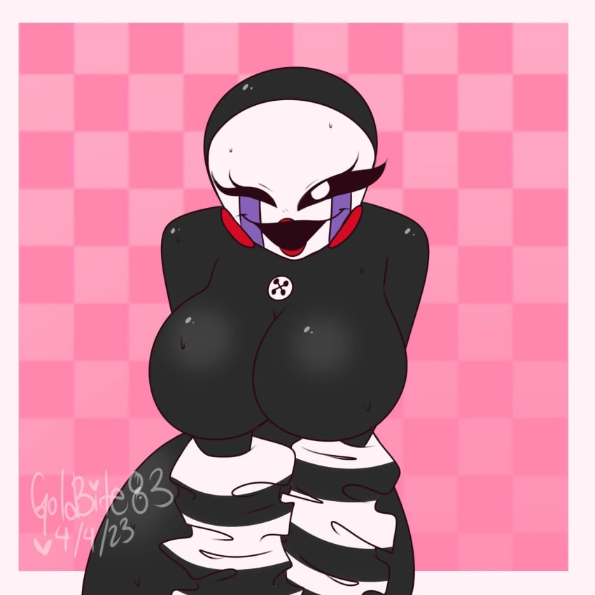 boob_squish buttons checkered_background classic_fnaf_2_marionette classic_fnaf_2_puppet eyelashes female five_nights_at_freddy's five_nights_at_freddy's_2 glossy goldbite83 lipstick marionette_(fnaf) mask original_fnaf_2_marionette original_fnaf_2_puppet puppet_(fnaf) red_cheeks smile solo sweat tears wink