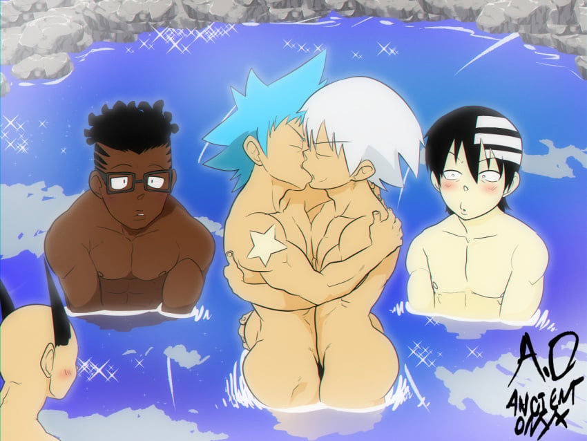 5boys ancient-onyx bathhouse black_star blush character_request gay kissing making_out male_focus male_only no_visible_genitalia nude outdoors pool soul_eater steam tattoo watching water wet young