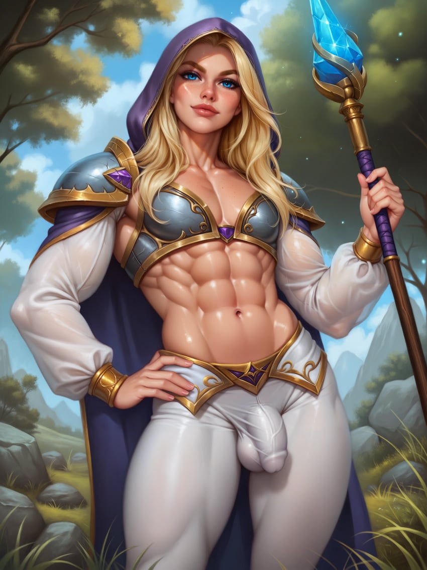 1boy ai_generated ambush_(trap) armor balls blonde_hair blue_eyes bulge clothed femboy forest jaina_proudmoore large_dick mage magic male male_only midriff muscular_abs muscular_arms muscular_femboy muscular_thighs pale-skinned_femboy penis pinup rule63 solo staff trap veiny_muscles warcraft_3 world_of_warcraft