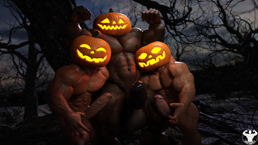 3d 3d_model abs balls bara biceps big_balls big_penis dazswole erection gay halloween holidays male male/male male_nipples male_only manly muscular_male nipples nude pecs penis pumpkin_head pumpkin_head_(character)