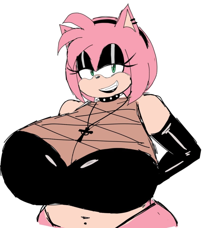 1girl amy_rose anthro big_boobs big_breasts big_tits fat_breasts female female_anthro female_only furry_female goth goth_girl gothic gothic_girl green_eyes hedgehog hedgehog_girl horny_female huge_boobs huge_breasts huge_tits momiji_(artist) seductive simple_background smile smiling smiling_at_viewer solo solo_female sonic_(series) white_background