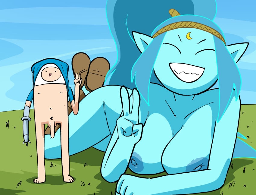 1boy1girl adventure_time canyon_(adventure_time) cartoon_network female_focus finn_the_human footwear giantess inker_comics inkershike inverted_nipples naked_female naked_male smile warner_bros warner_brothers young younger_male