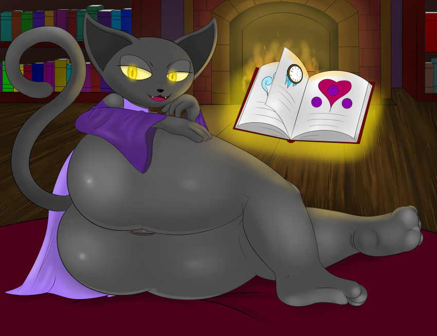 anthro ass book bookshelf clothed clothing domestic_cat felid feline felis female fire fireplace furniture genitals glowing glowing_eyes hi_res looking_back lying magic mammal muffin_(prismosis) on_side partially_clothed pillow prismosis pussy reading sitting smile telekinesis tongue