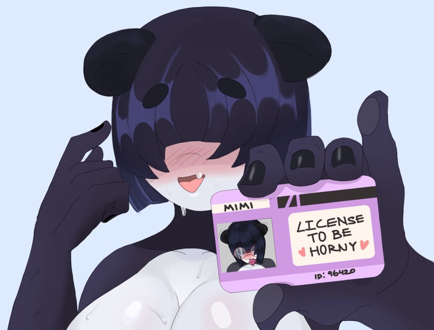 :d anthro black_fur black_hair black_nails blush blush_lines blushing_at_viewer bob_cut card eyes_covered giant_panda hair_covering_eyes holding holding_object id_card identification license looking_at_viewer mimi_(sexydomoart) naked nervous_smile pale_skin panda panda_ears panda_girl pointing pointing_at_self sexydomoart shiny shiny_breasts shiny_hair shiny_skin short_hair sweat sweatdrop sweating white_skin