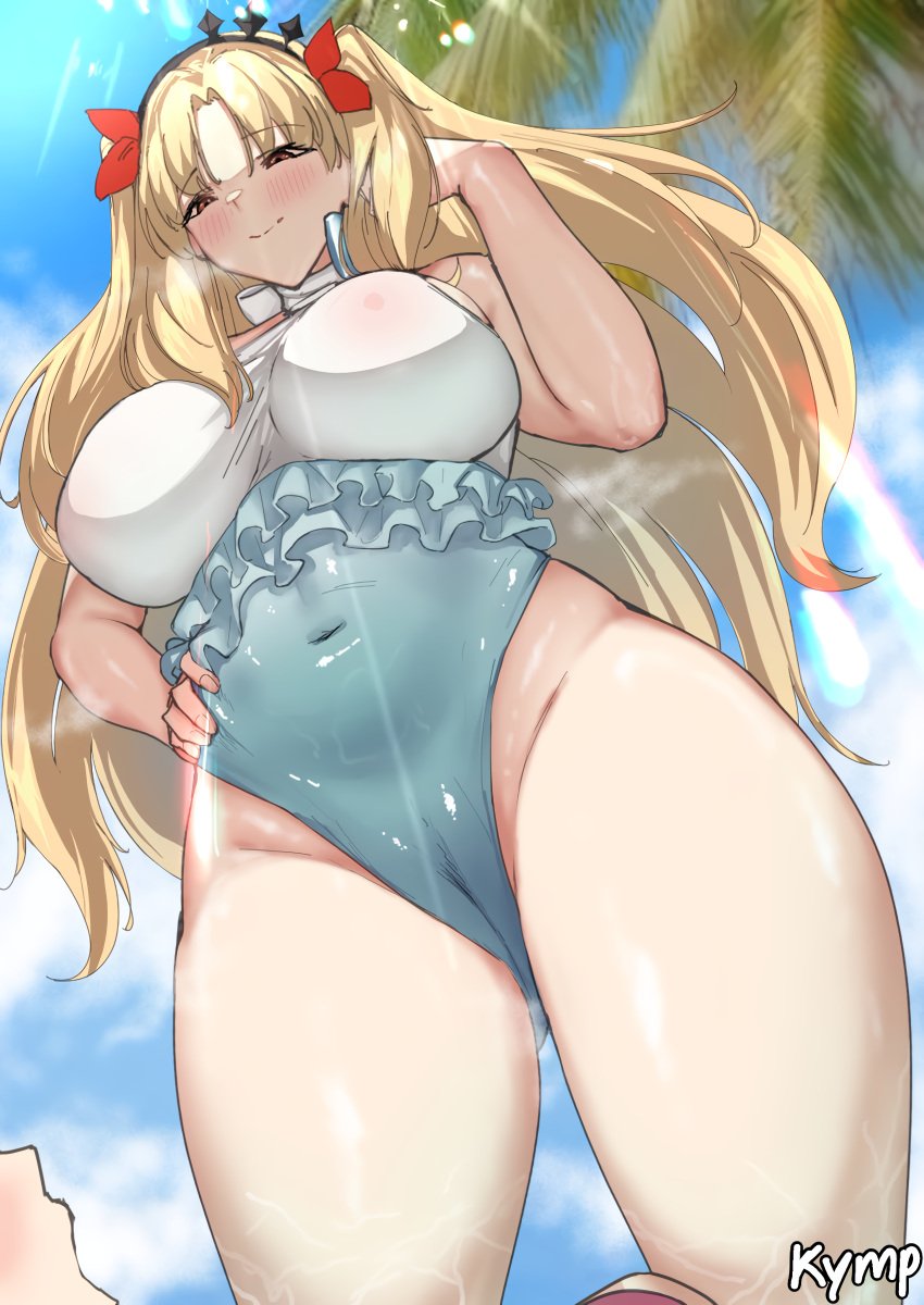 1girls absurd_res areolae areolae_visible_through_clothing artist_signature bare_shoulders beach big_breasts blonde_hair blush blush_lines braided_hair breasts cameltoe cleft_of_venus covered_navel erect_nipples ereshkigal_(fate) fate/grand_order fate_(series) female female_focus hair_band hair_ribbon highleg highleg_swimsuit kymp long_hair navel nipples nipples_visible_through_clothing o-ring o-ring_swimsuit one_piece_swimsuit parted_bangs red_eyes see-through_clothing smile smug smug_face space_ereshkigal_(fate) space_ereshkigal_(first_ascension)_(fate) standing summer swimsuit tagme thick_thighs two-tone_swimsuit two_side_up white_one-piece_swimsuit wide_hips