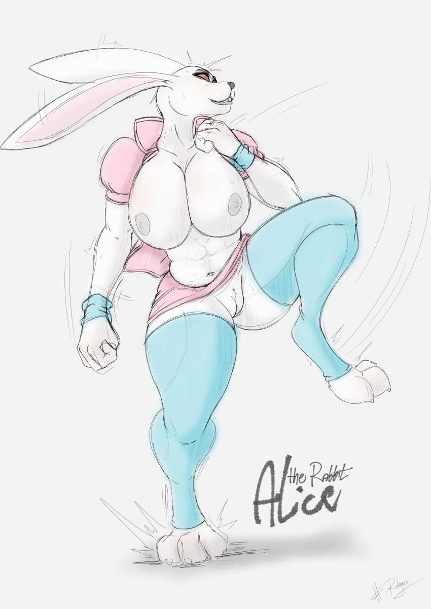 absurd_res alice_the_rabbit anthro bloody_roar breasts clothed clothing female footwear genitals hi_res lagomorph legwear leporid mammal muscular muscular_female nipples pussy rabbit rohgen socks solo thick_thighs thigh_highs thigh_socks