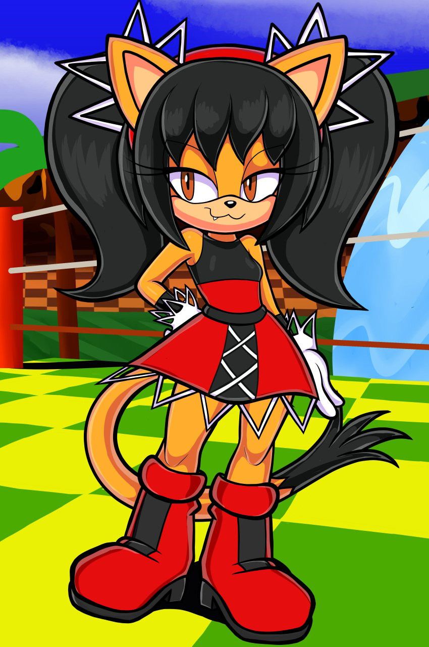 1girl 1girls 2020s 2024 2024s 5_toes :3 absurd_res accessory anthro artstyle_imitation black_hair blackmore boots breasts brown_eyes cat_ears cat_tail catgirl clothed clothing cloud dress felid feline felis female female_focus female_only fighting_ring footwear furry furry_female gloves gloves_only hair hair_accessory hairband handwear hi_res honey_the_cat looking_at_another mammal orange_eyes outside red_boots red_dress sega small_breasts solo sonic_(series) sonic_the_fighters sonic_the_hedgehog_(series) style_parody tail twintails white_gloves wide_hips wrestling_ring yellow_body yellow_fur