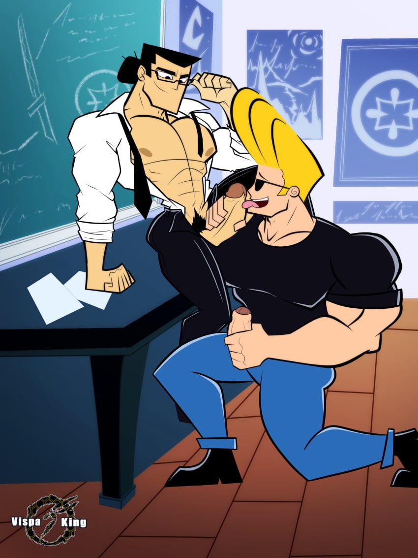 abs bara biceps big_penis black_hair blonde_hair cartoon_network erection fellatio fellatio_domination gay johnny_bravo johnny_bravo_(series) male male/male male_nipples male_only manly masturbation muscular_male nipples pecs penis samurai_jack samurai_jack_(character) vispaking