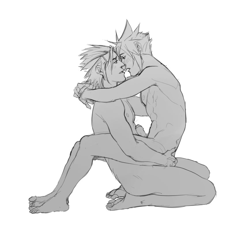 2boys anal anal_sex blush cloud_strife final_fantasy final_fantasy_vii gay greyscale kaciart male/male muscular muscular_male naked nude penis sitting_down sitting_on_floor sitting_on_penis smile spiky_hair square_enix tagme uncolored white_background wholesome yaoi zack_fair