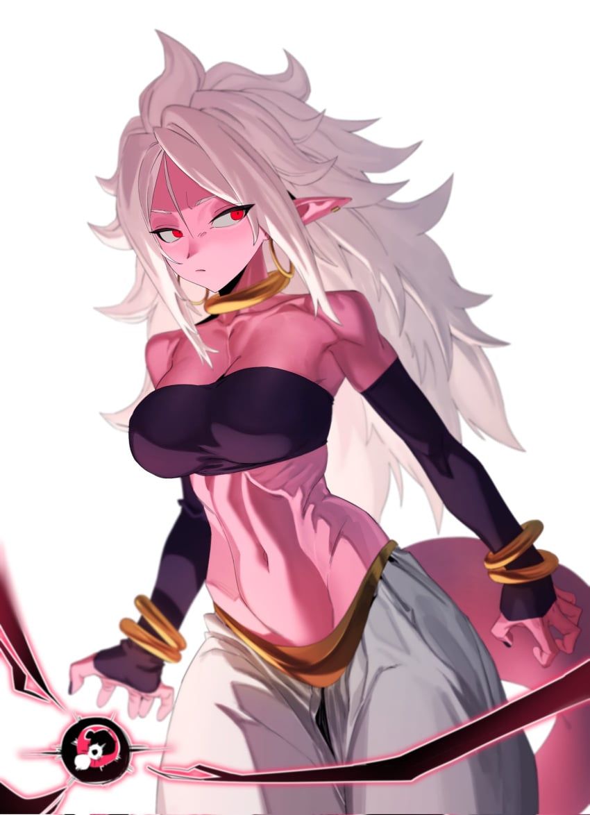 1girls android_21 angry arabian_clothes athletic athletic_female belly_button bracelet collar dragon_ball dragon_ball_fighterz dragon_ball_z energy_ball harem_outfit imminent_attack incoming_attack jewelry long_hair majin_android_21 medium_breasts navel pink_skin pointy_ears red_eyes tail white_hair zquung