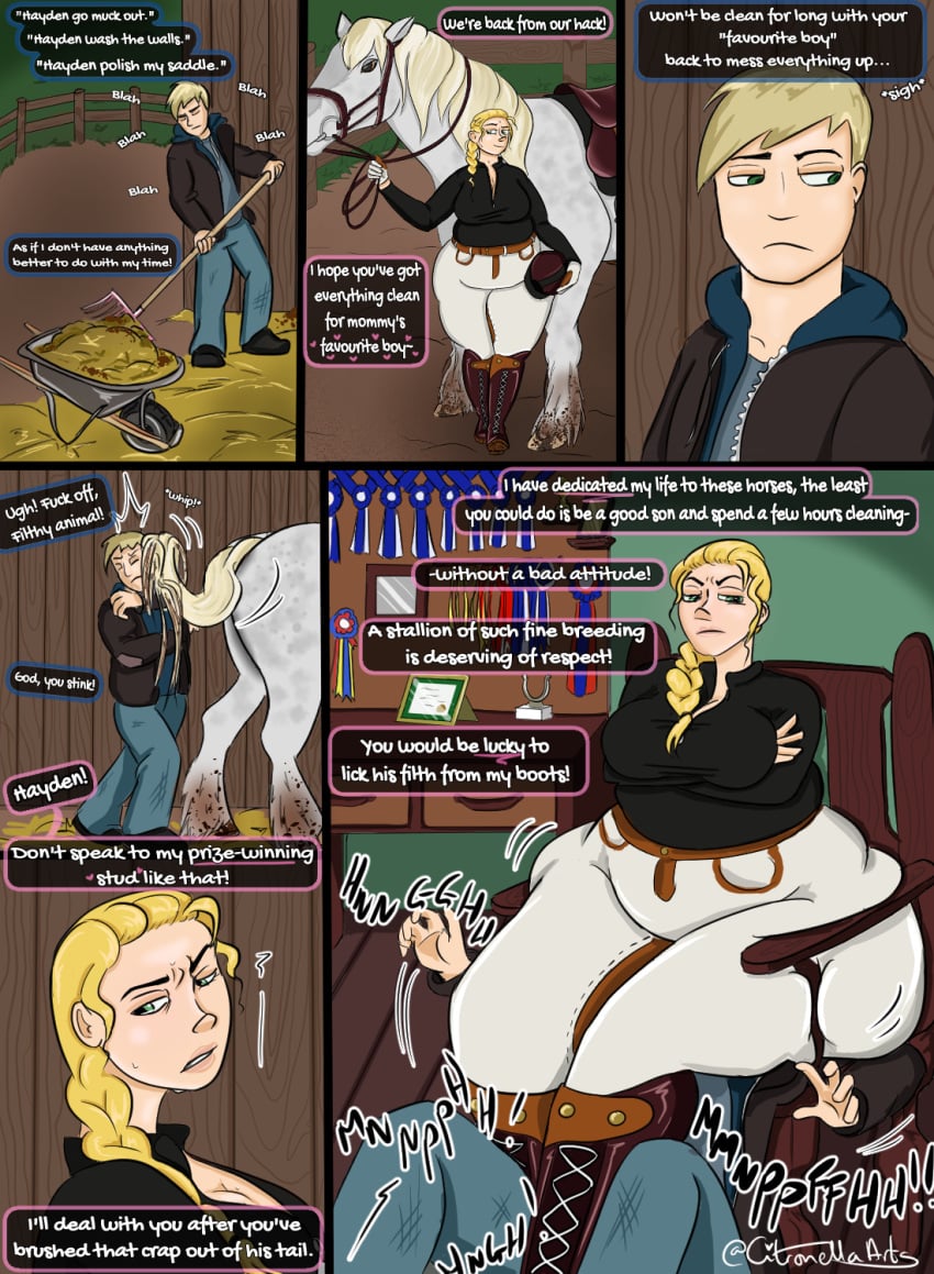 age_difference bbw bbw_mom big_breasts braided_hair citronarts comic comic_page discipline dominant_female english_text equestrian facesitting femdom femdom_caption giant_ass horse horse_girl humiliation incest jodhpurs larger_female mommy mommy_kink mother_and_son muffled_speech punishment riding_boots size_difference smaller_male smothering smothering_ass stable submissive_male thick_thighs