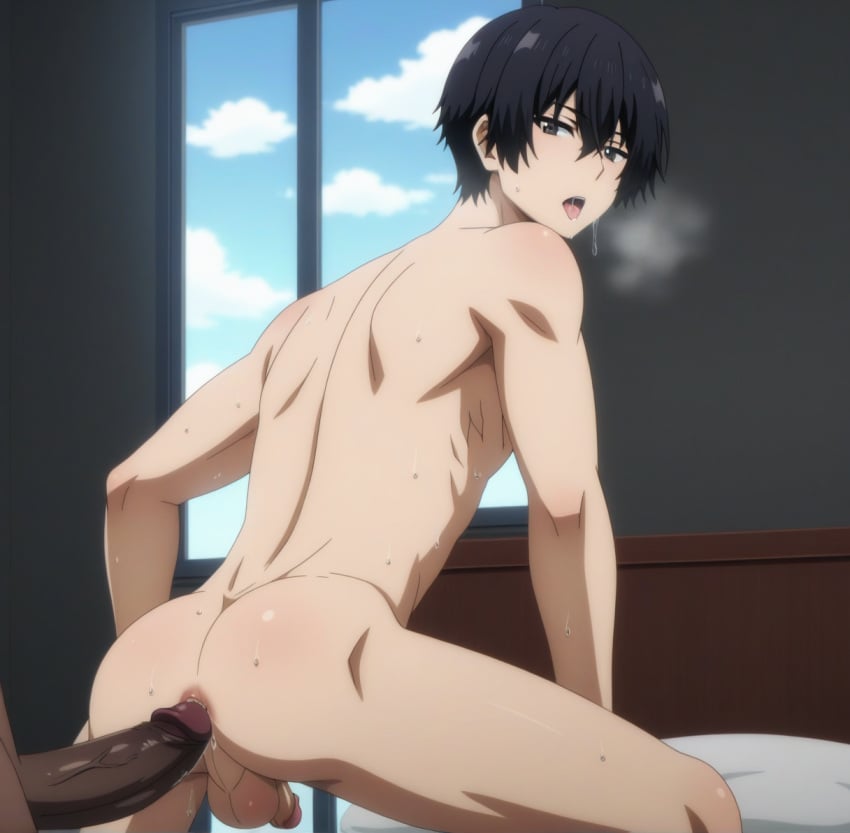 ai_generated brown_stockings cid_kagenou dark-skinned_male dark_hair femboy ikntlive interracial kage_no_jitsuryokusha_ni_naritakute! male_only presenting presenting_anus solo stockings the_eminence_in_shadow twink yaoi