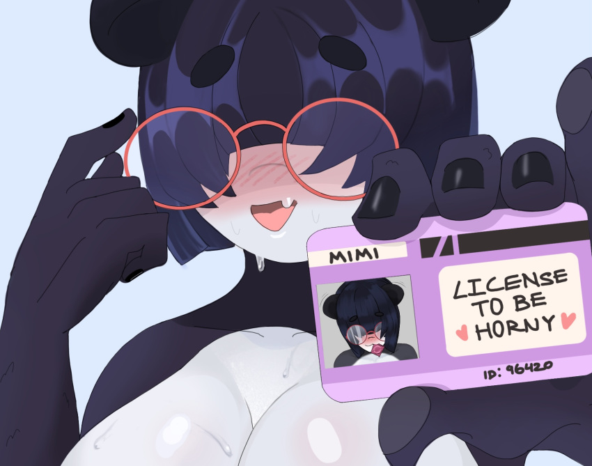 :d adjusting_glasses anthro black_fur black_hair black_nails blush blush_lines blushing_at_viewer bob_cut card circular_glasses eyes_covered eyewear giant_panda glasses hair_covering_eyes holding holding_object id_card identification license looking_at_viewer mimi_(sexydomoart) naked nervous nervous_smile pale_skin panda panda_ears panda_girl round_glasses sexydomoart shiny shiny_breasts shiny_hair shiny_skin short_hair sweat sweatdrop sweating white_skin