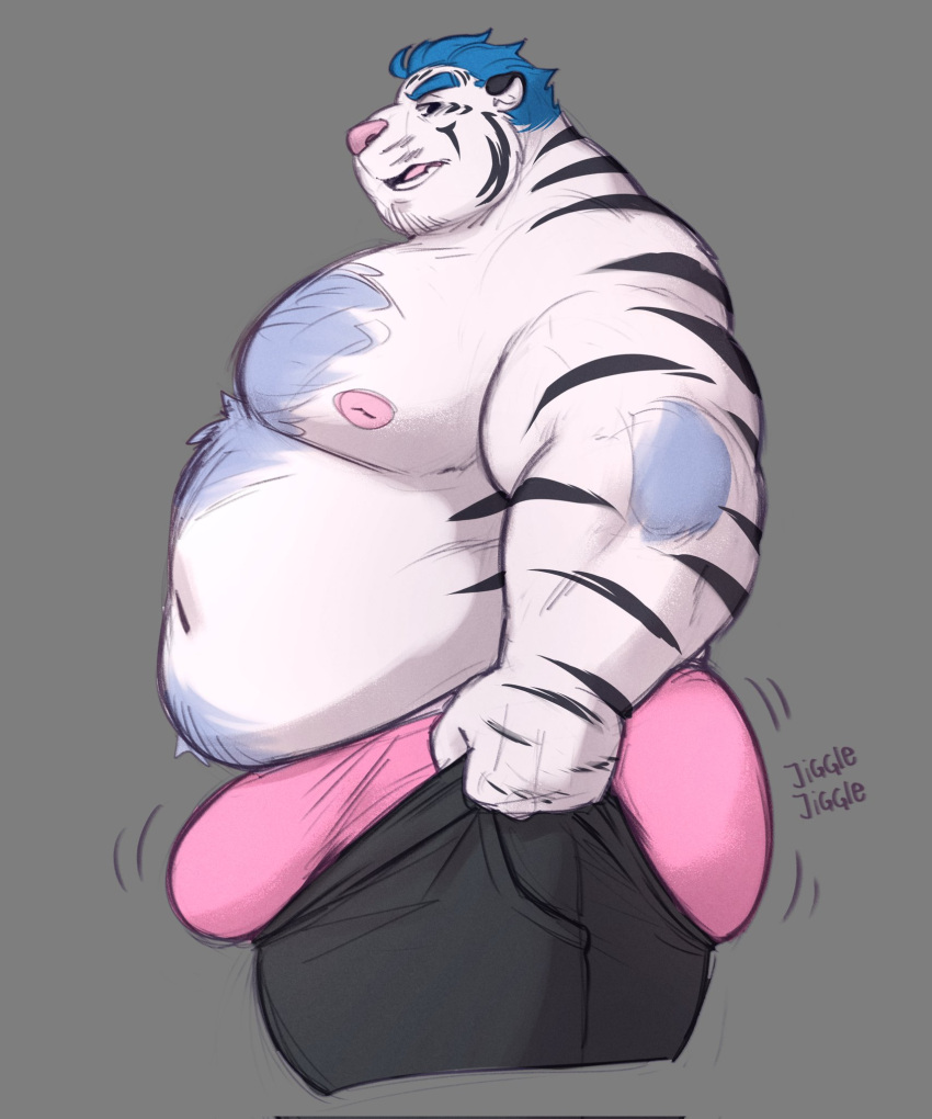 2023 anthro ass belly big_belly big_butt blue_hair body_hair bottomwear bottomwear_pull bulge butt_jiggle clothed clothing clothing_pull english_text facial_hair felid fur genital_outline hair hi_res huge_butt jiggling looking_back lustyshu male mammal meme meme_clothing moobs musclegut muscular_arms nipples obese obese_male onomatopoeia overweight overweight_male pantherine pants pants_pull paul_(lustyshu) penis_outline pink_clothing pink_underwear portrait pulling_up_pants side_view simple_background solo sound_effects striped_body striped_fur stripes text three-quarter_portrait tiger tight_pants_(meme) topless underwear white_body white_fur