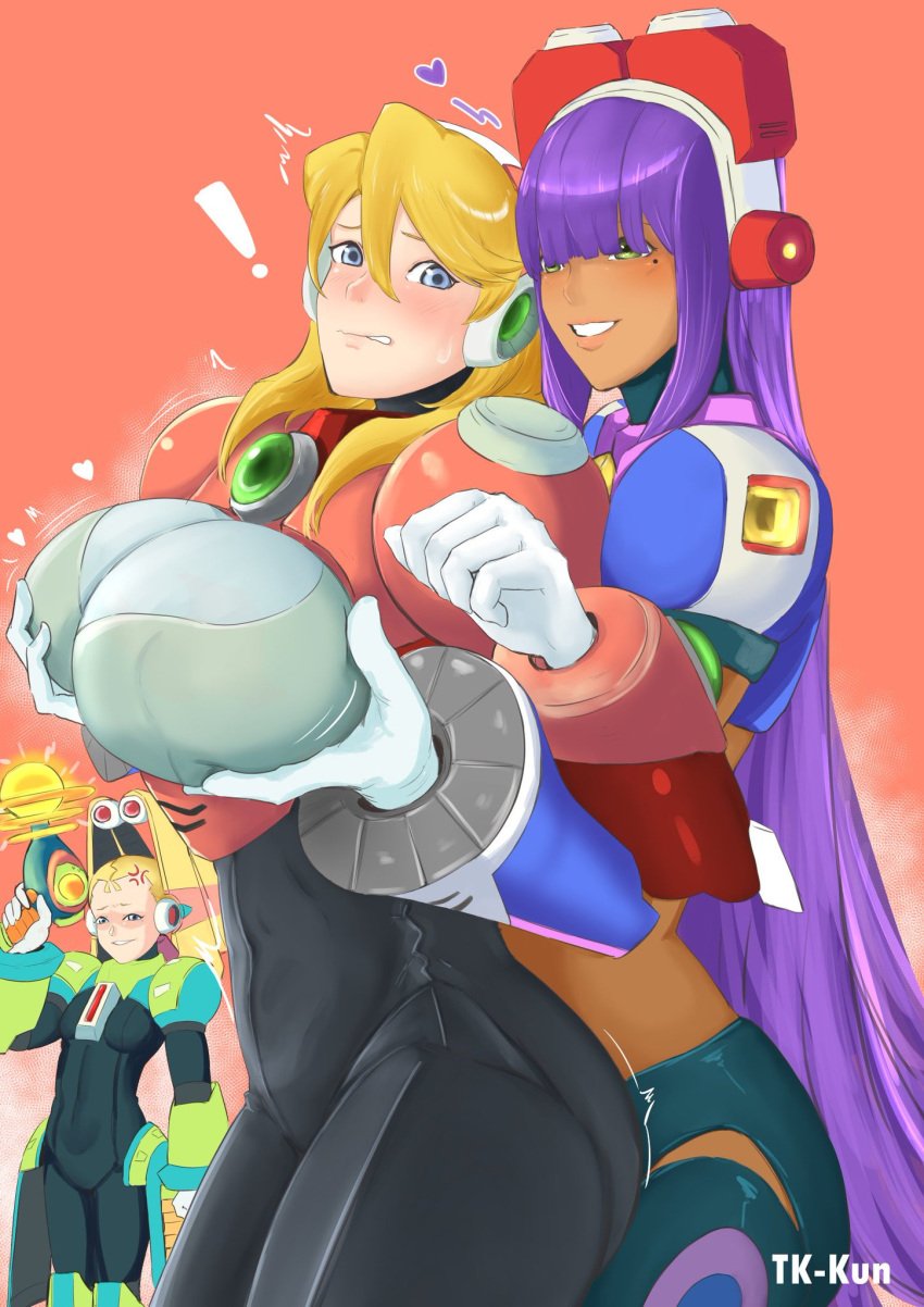 ! 3girls alia angry_face blonde_hair blue_eyes blush grabbing_breasts grabbing_breasts_from_behind green_eyes hair_over_eyes hair_over_one_eye heart layer mega_man mega_man_x pallette purple_hair robot_girl small_breasts smiley_face taikikun tk