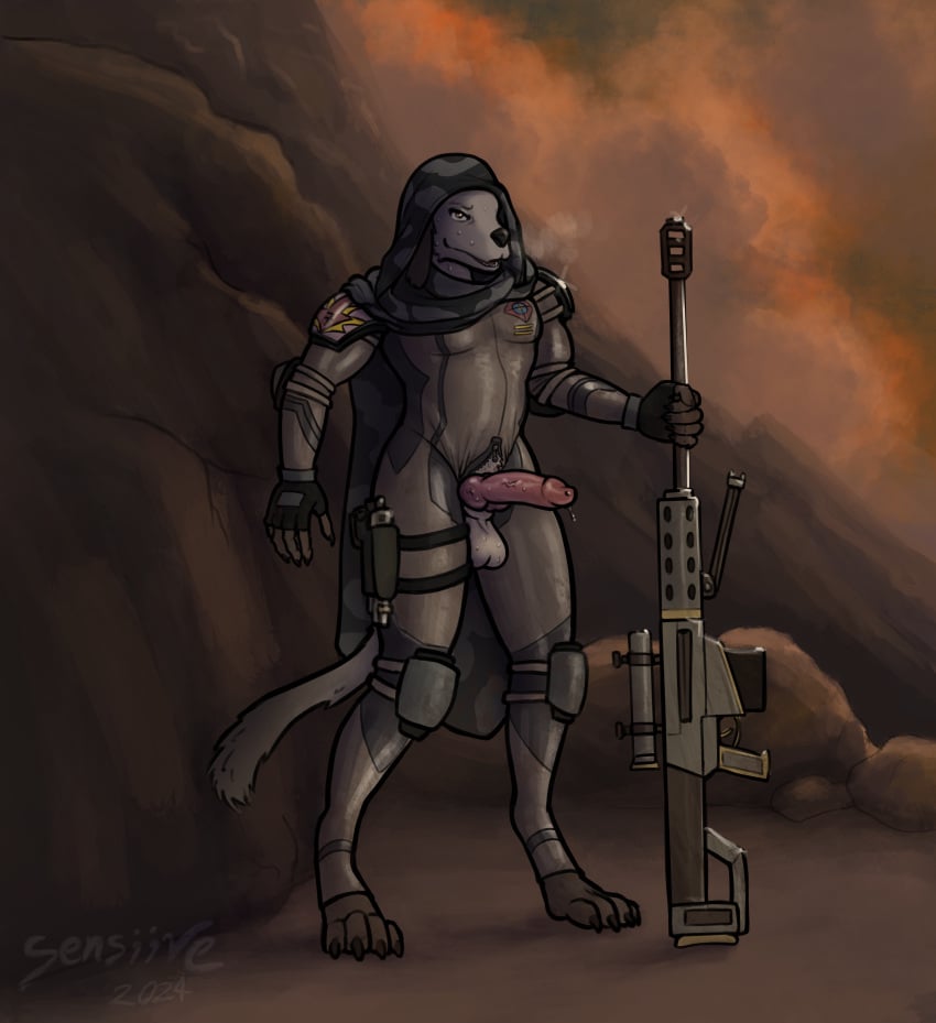 absurd_res animal_genitalia anthro armor balls bodily_fluids brown_body camo canid canine canine_genitalia canis canyon cloak clothing detailed_background digitigrade domestic_dog erection genital_fluids genitals gloves gun handwear hi_res hunting_dog irish_wolfhound knee_pads male mammal military penis penis_poking_out precum ranged_weapon rifle sensiive shoulder_pads sighthound skinsuit sniper_rifle solo standing sunset sweat tight_clothing weapon zipper_jumpsuit