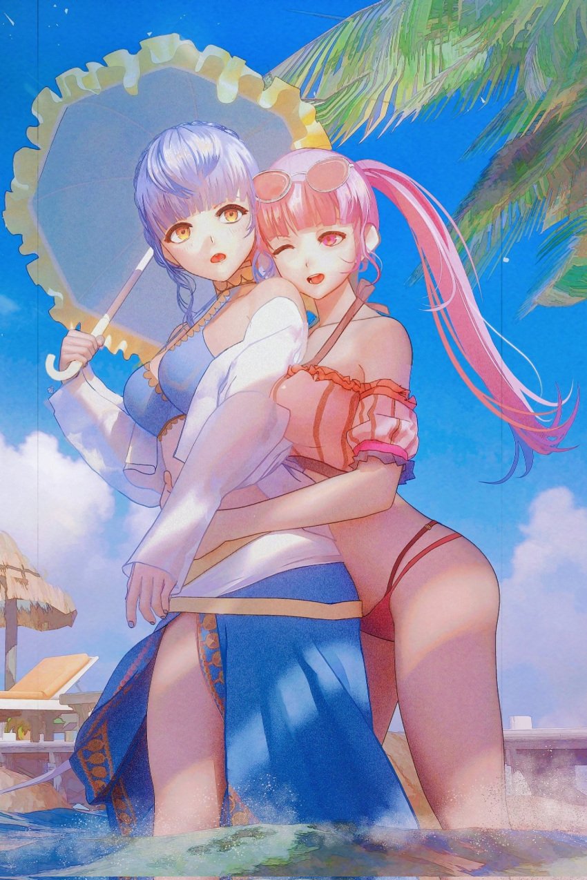 2girls alternate_costume blue_hair blue_sky blue_swimsuit braid breasts cloud crown_braid eyewear_on_head female female_only fire_emblem fire_emblem:_three_houses fire_emblem_heroes frilled_umbrella frills highres hilda_valentine_goneril hilda_valentine_goneril_(summer) holding holding_umbrella hug irisl large_breasts marianne_von_edmund marianne_von_edmund_(summer) multiple_girls nintendo official_alternate_costume open_mouth palm_tree pink_hair pink_swimsuit sky sunglasses swimsuit tree twintails umbrella yellow_eyes