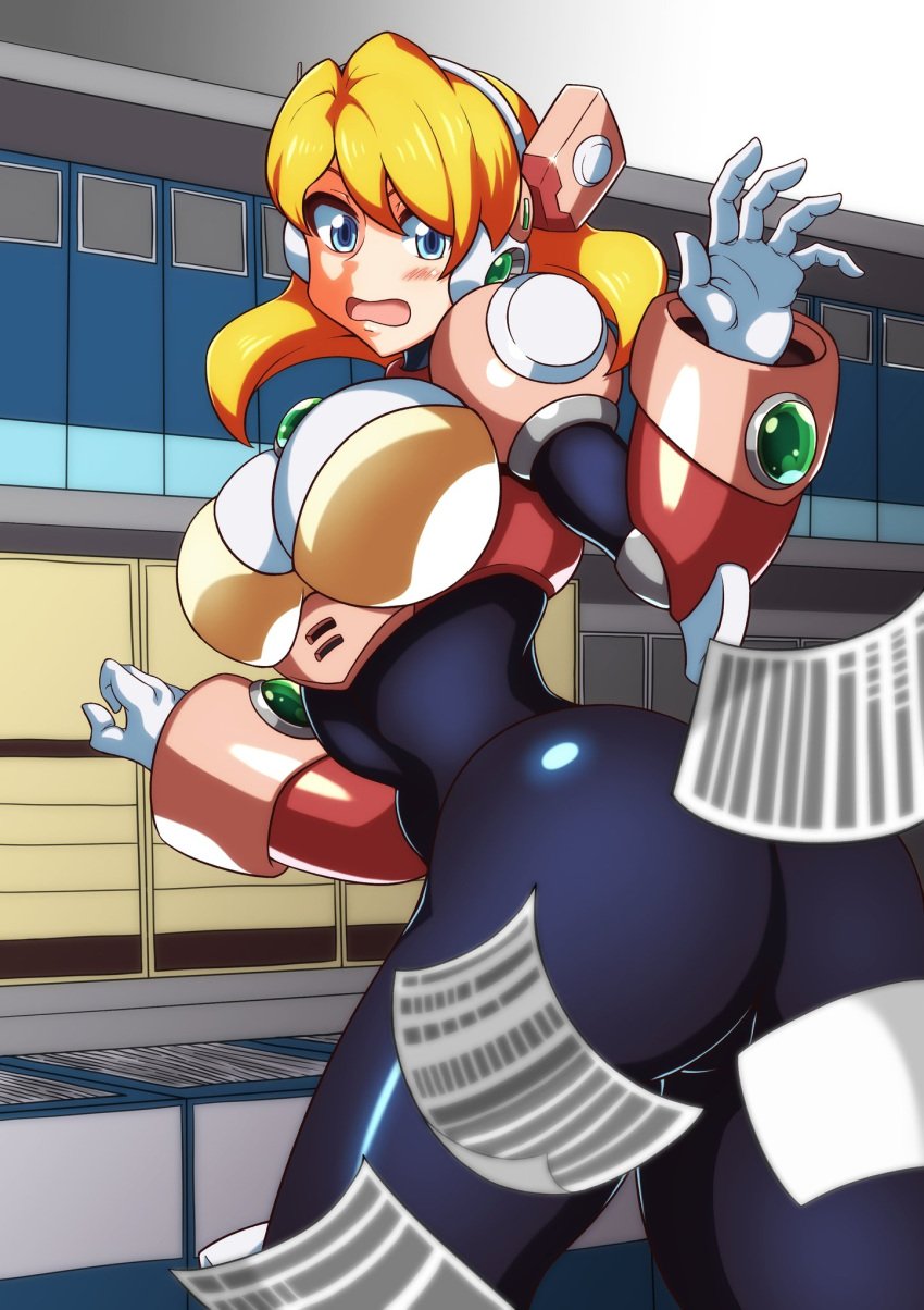 1girls alia big_ass big_breasts black_bodysuit blonde_hair blue_eyes blush kotatuman_dash mega_man mega_man_x robot_girl white_gloves