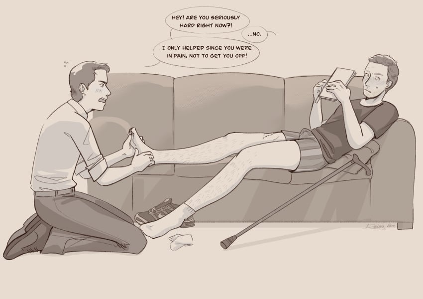 daisy-marshmallow dialogue embarrassed_male foot_fetish foot_massage gay gregory_house hard_on house_(series) james_wilson male/male monochrome