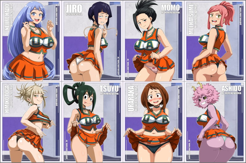 6+girls 8girls :d :p alternate_hairstyle ass bangs bare_shoulders belly belly_button big_breasts blunt_bangs blush breasts cameltoe cheerleader cheerleader_uniform choker clothed clothed_female crop_top curvy curvy_figure eye_contact female female_focus female_only fringe fully_clothed hi_res high_resolution highres himiko_toga hourglass_figure huge_breasts human kyoka_jiro large_breasts looking_at_viewer looking_back medium_breasts mei_hatsume midriff mina_ashido miniskirt momo_yaoyorozu multiple_girls my_hero_academia navel nejire_hado ochako_uraraka off_shoulder open_mouth open_smile panties pantsu pink_hair pink_skin presenting presenting_ass presenting_hindquarters presenting_panties presenting_thighs sano-br shiny shiny_hair shiny_skin shounen_jump sidelocks skindentation skirt skirt_lift slim_waist smile text thick_thighs thin_waist thong tied_hair tongue tongue_out tsuyu_asui u.a._cheerleader_outfit underboob underwear uniform upper_teeth wide_hips