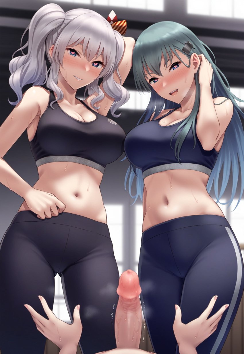 1boy 2girls admiral_(kantai_collection) ai_generated arm_behind_head bare_shoulders big_breasts black_sports_bra black_yoga_pants hair_tucking hand_on_hip hand_on_own_chest heart_eyes highres kantai_collection kashima_(kantai_collection) looking_at_viewer looking_down lustful_gaze midriff penis pov pov_hands seductive_smile smile smirk sports_bra suzuya_(kantai_collection) sweat trembling yoga_pants